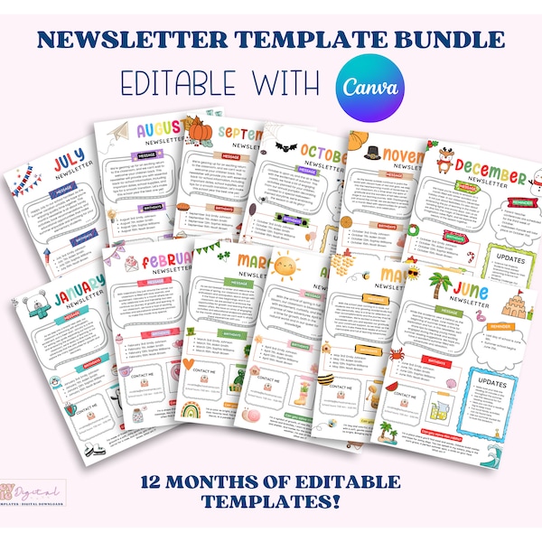 Newsletter Template Bundle, PTA Templates, 12 Months of School Newsletters, Newsletter Flyers