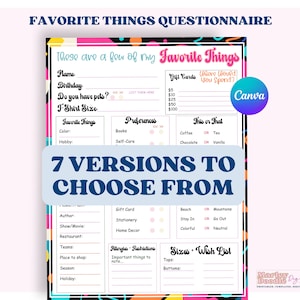 May include: A printable questionnaire with a colorful geometric design. The questionnaire asks about favorite things, including hobbies, books, colors, and gift card preferences. It also includes a section for allergies and restrictions, sizes and a wish list.
