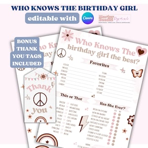 How Well Do You Know Birthday Girl, Birthday Party Games, Retro Groovy Birthday, Birthday Girl Quiz, Editable Who Knows Birthday Girl Best