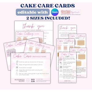 編集可能なケーキケアカードテンプレート、ケーキカットガイド、2つのサイズのサンキューカード付き