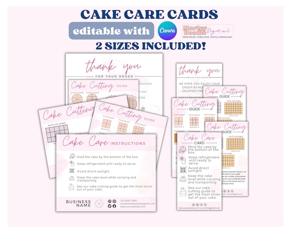 Editable Cake Care Card Template: Cake Cutting Guide & Thank You Cards (Digital Download)