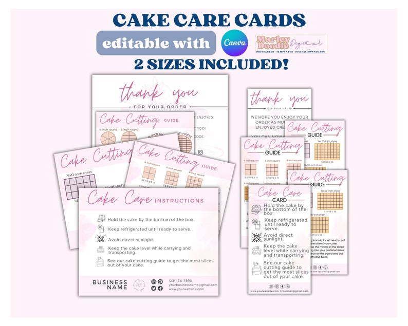 Editable cake care card, thank you card and cake cutting guides.