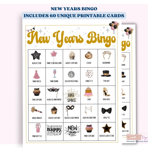 New Years Bingo with 60 Unique Printable Bingo Cards, Printable NYE Game, New Years Activities for Kids and Adults for New Years Eve Party
