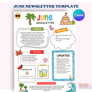 Plantilla de boletín de junio, boletín de verano, plantilla de maestro, boletín de PTO, plantilla de boletín mensual