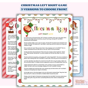 May include: A printable Christmas game for kids called "Elves in a Tizzy" with a festive gold glitter background. The game is a left-right game where players follow the instructions and decide if the elves are moving left or right.