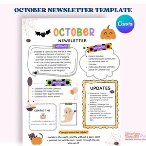 October Newsletter Template, Halloween Newsletter, Teacher Template, PTO Newsletter