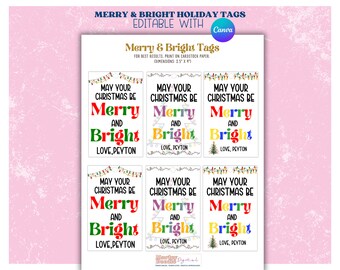 Puede incluir: Seis etiquetas de regalo imprimibles con temática navideña. Las etiquetas presentan un diseño colorido con el texto "May your Christmas be Merry and Bright" y las palabras "Love, Peyton".