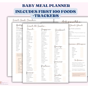 Babymaaltijdplanner met babyvoedingtracker, babyvoedinglogboek, baby's eerste 100 voedingsmiddelen vóór 1, afdrukbare babymaaltijdplannersjabloon