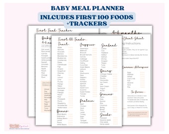 Baby Meal Planner with Baby Food Tracker, Baby Food Log, Baby&#39;s First 100 Foods before 1, Printable Baby Meal Planner Template