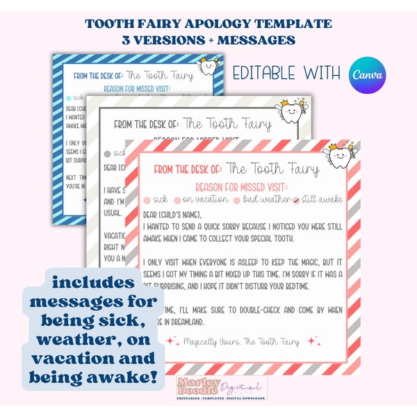 Editable Tooth Fairy Apology Letter for Girls and Boys, Tooth Fairy No Show Note Printable