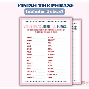 Valentine&#39;s Day Finish the Phrase Game: Printable Party Activity (PDF)