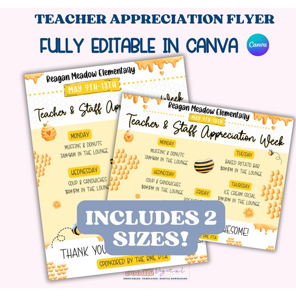 Editable Teacher Appreciation Week Itinerary, Staff Appreciation Flyer, PTO and PTA Appreciation Post Template