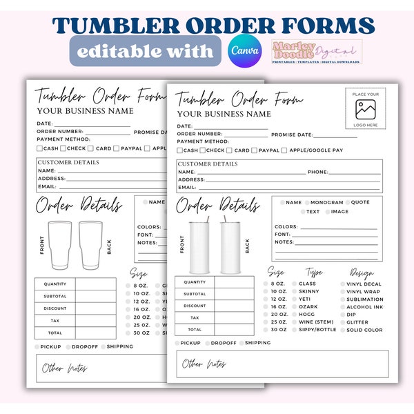 Editable Tumbler Order Form Template, Craft Order Form, Sublimation Tumbler Order Form