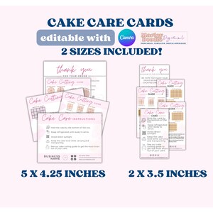 Editable care cards, thank you cards, and cutting guides for bakery business.