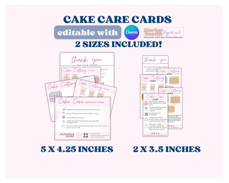 Editable care cards, thank you cards, and cutting guides for bakery business.