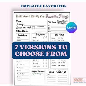 May include: A printable worksheet titled "Employee Favorites" with sections for personal information, preferences, and a wish list. The worksheet includes prompts for name, birthday, pet information, t-shirt size, favorite things, preferences, allergies, and sizes.