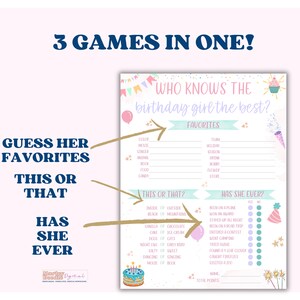 Who knows the birthday girl best comes with 3 fun trivia games to a sheet.