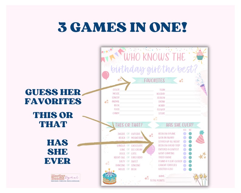 Who knows the birthday girl best comes with 3 fun trivia games to a sheet.