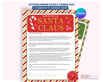 May include: A printable letter from Santa Claus template featuring a red and white candy cane graphic. The letter is written in a festive font and includes the text "From the Desk of Santa Claus".