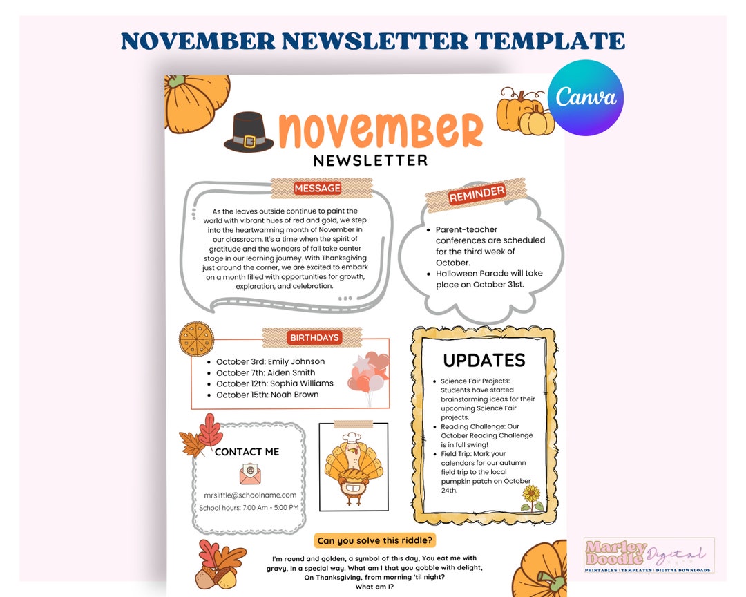 November Newsletter Template, Fall Newsletter, Teacher Template, PTO November Newsletter Template, Fall Newsletter, Teacher Template, PTO