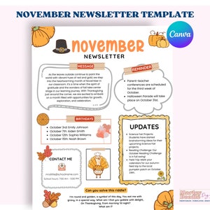 November Newsletter Template, Fall Newsletter, Teacher Template, PTO Newsletter