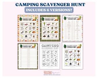 May include: Six printable camping scavenger hunt game cards with different designs. The cards feature a variety of camping-themed illustrations, including tents, campfires, and hiking boots. The text on the cards reads "Camping Scavenger Hunt".