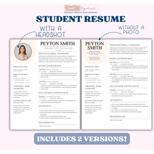 Student resume templates, one with a headshot and one without.