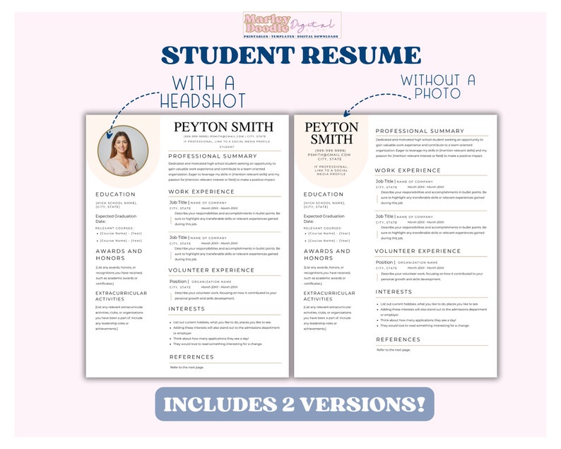 Student resume templates, one with a headshot and one without.