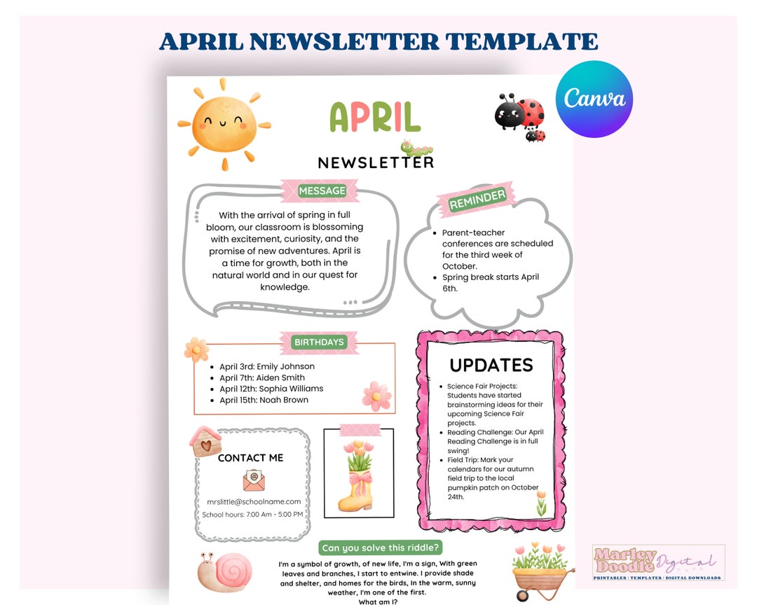 April Newsletter Template, Spring Newsletter, Teacher Template, PTO April Newsletter Template, Spring Newsletter, Teacher Template, PTO