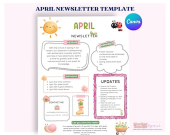 April Newsletter Template, Spring Newsletter, Teacher Template, PTO Newsletter, Monthly Newsletter Template