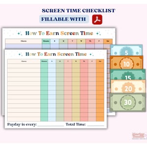 May include: A printable checklist for earning screen time. The checklist is divided into days of the week and includes a section for chores, minutes earned, and total time. The checklist is decorated with a rainbow colour scheme and stars.