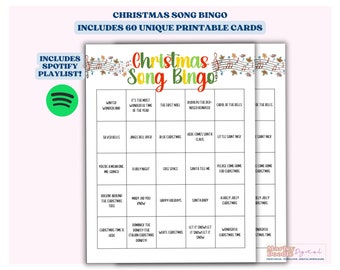 Christmas Song Bingo Game: 60 Unique Printable Cards, Spotify Playlist (Digital Download)