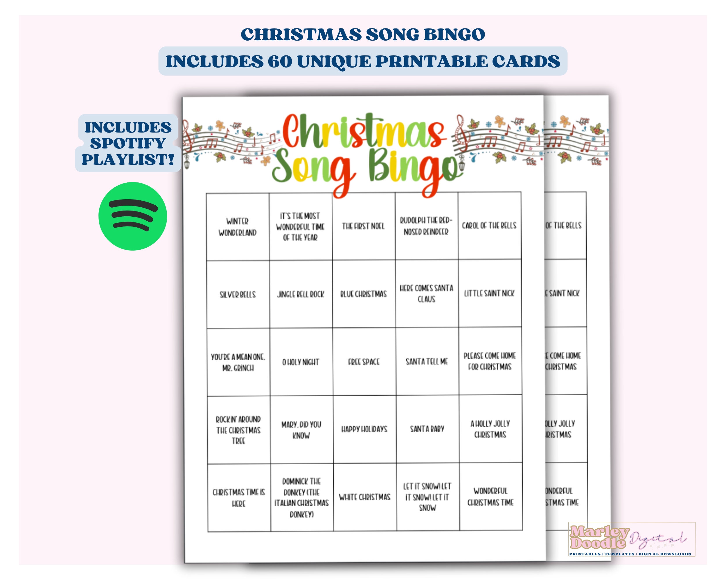 christmas song bingo game: 60 unique printable cards, spotify
