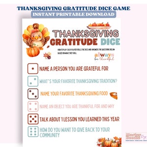 Thanksgiving Gratitude Dice Game Printable
