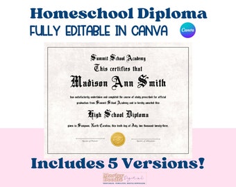 Homeschool Diploma with Seal, Diploma Template, Editable