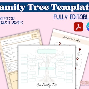 Family Tree Template Download, Editable with Canva, Includes Fillable PDF and Genealogy Forms
