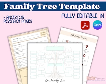 Family Tree Template Download, Editable with Canva, Includes Fillable PDF and Genealogy Forms