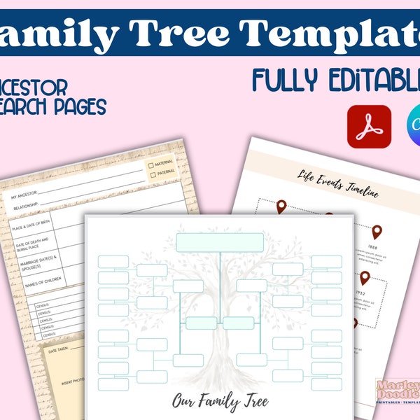 Family Tree Template Download, Editable with Canva, Includes Fillable PDF and Genealogy Forms