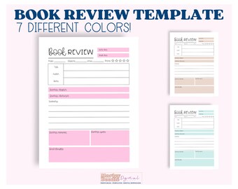 May include: Printable book review template with seven different color options. The template includes sections for title, author, genre, favorite chapters, favorite quotes, overall thoughts, and a rating system.