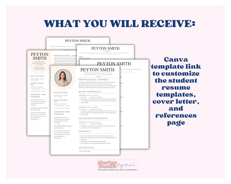 3 different high school student resume templates with a cover letter template and reference sheet.