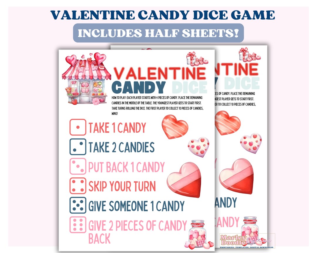Printable Valentine Candy Dice Game: Kids Classroom Party (digital ...