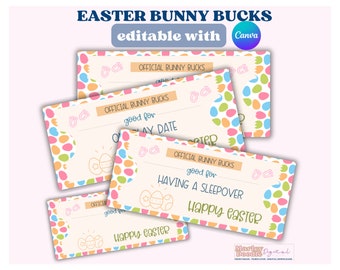 Editable Easter Bunny Bucks: Printable Easter Coupons (Canva Template,PDF)