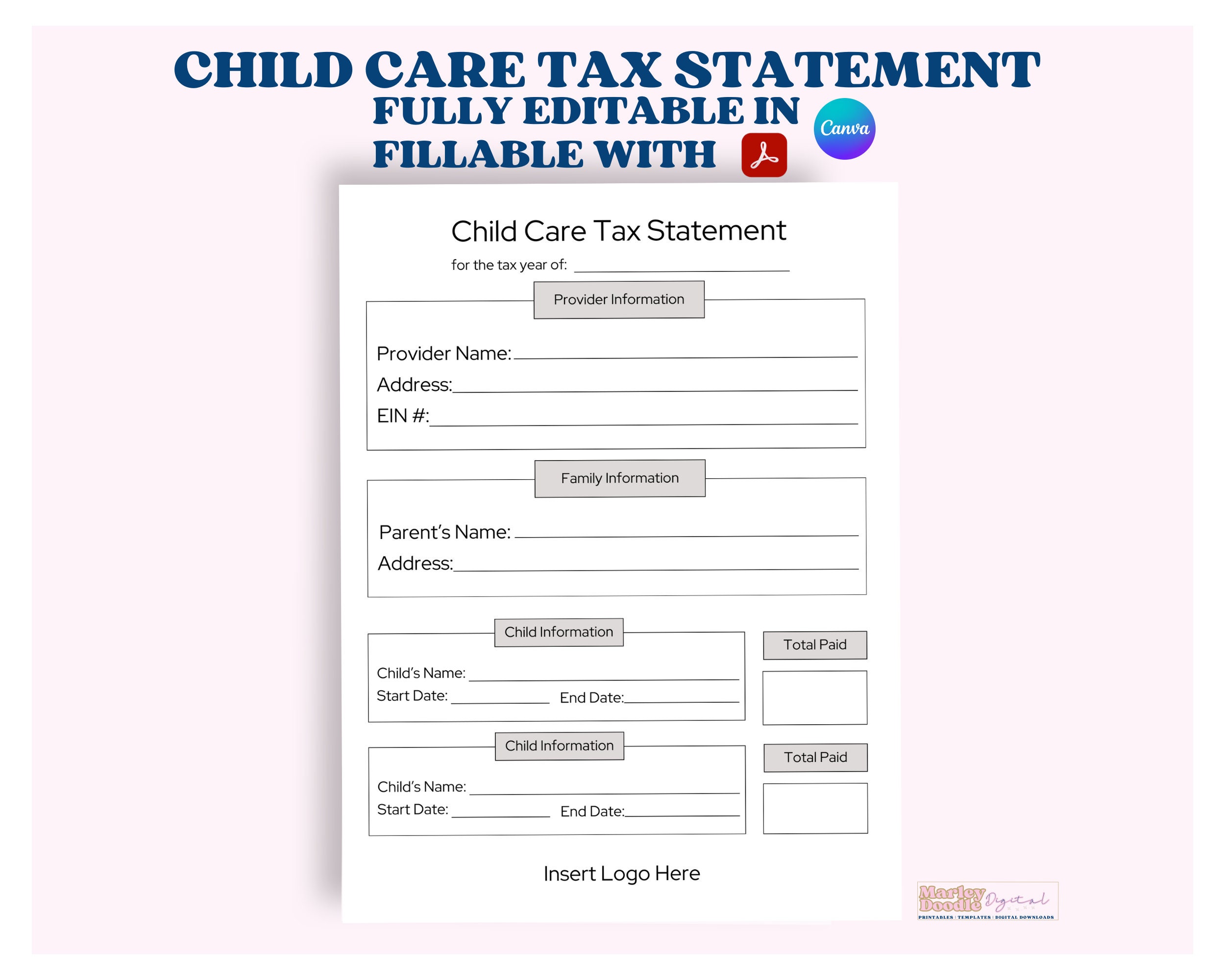 Editable and Fillable Daycare Tax Statement, Child Care Tax Receipt Editable and Fillable Daycare Tax Statement, Child Care Tax Receipt