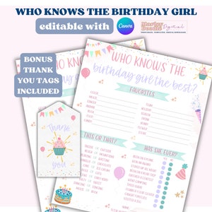 Qué tan bien conoces el juego de fiesta de cumpleaños, Quién conoce mejor a la cumpleañera, Juego de trivia de cumpleaños editable, Juego de cumpleaños para adolescentes