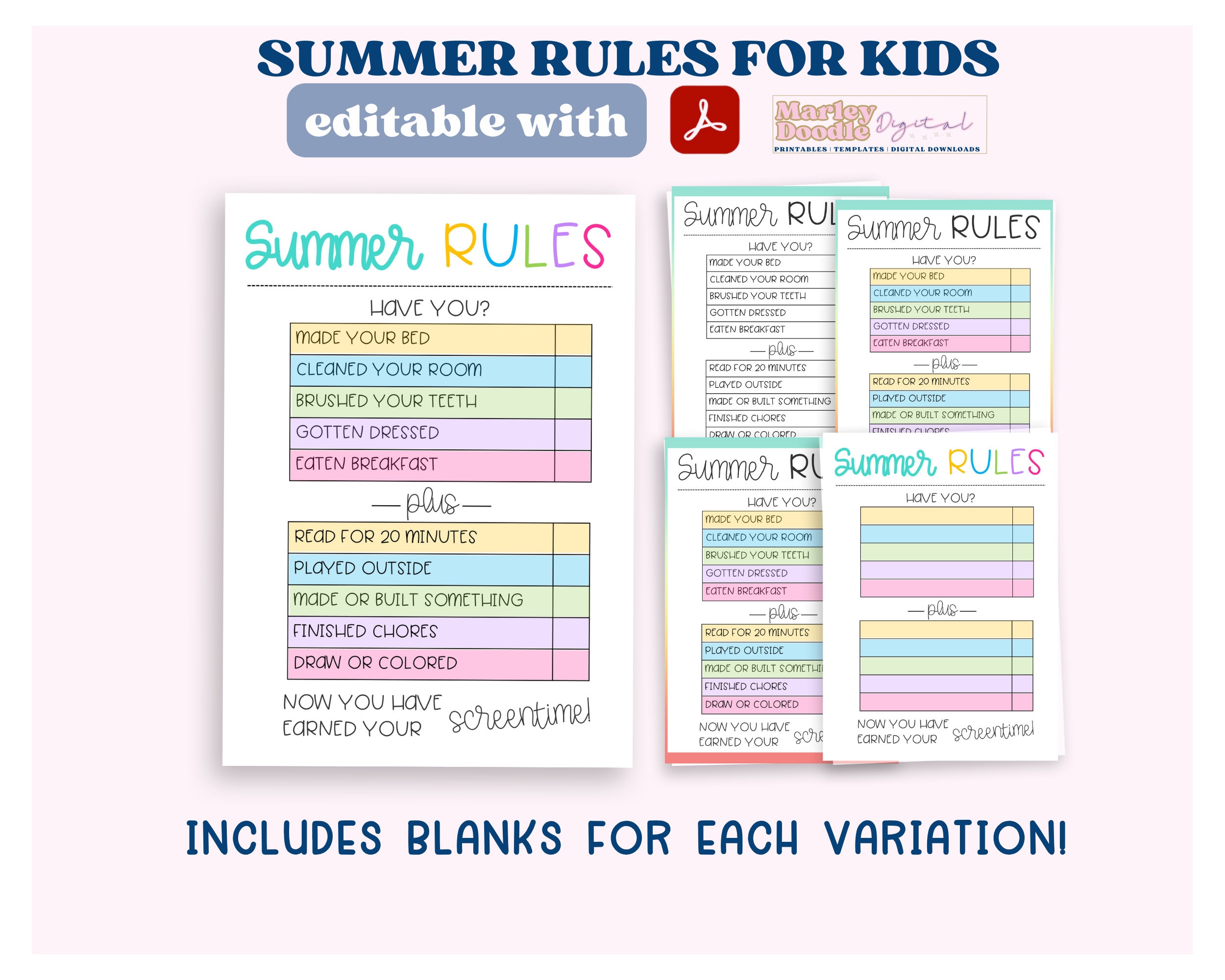 Fillable Summer Chore Chart: Screen Time Checklist (PDF)
