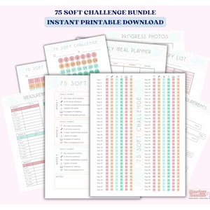 Op de afbeelding: Printbare 75 Soft Challenge-bundel met een dagelijkse gewoontetracker, een maaltijdplanner, voortgangsfoto's en een boodschappenlijst. De printbare vellen zijn in een lichtroze en groene kleurschema met een bloemenontwerp.