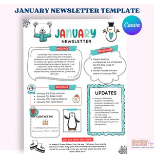 Januar Newsletter Vorlage, Winter Newsletter, Lehrer Vorlage, PTO Newsletter