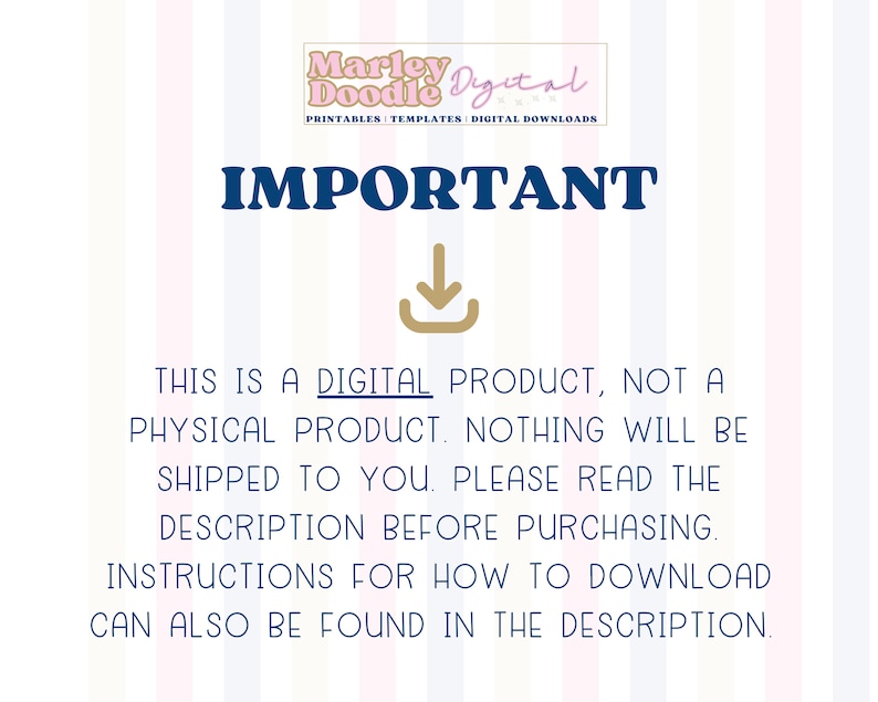 May include: A digital product announcement with the text "IMPORTANT" in navy blue, a download icon, and a reminder that it is a digital product. The Marley Doodle Digital logo is at the top.