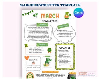 March Newsletter Template, Winter Newsletter, Teacher Template, PTO Newsletter