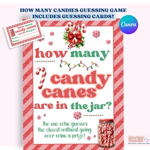 Weihnachten Wie viele Zuckerstangen Süßigkeits-Ratespiel mit druckbaren Süßigkeits-Ratespielkarten für Weihnachtsfeierspiel oder Arbeits-Feiertags-Party